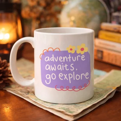 BUĞZ Adventure Awaits Go Explore Yazılı Porselen Kupa MODEL 157 – Motivasyon Temalı, Sevimli Tasarım, Kahve & Çay Kupası