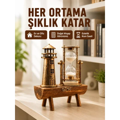 BUĞZ Ahşap Kum Saati ve Deniz Feneri Figürü Bir Arada – Ev & Ofis Dekorasyonu Yeni Nesil