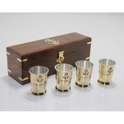BUĞZ Ahşap Kutulu 4lü Pirinç Shot Bardak Seti