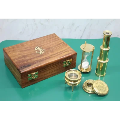 BUĞZ Ahşap Kutulu Dürbün, Kum Saati, Büyüteç, Pusula Seti