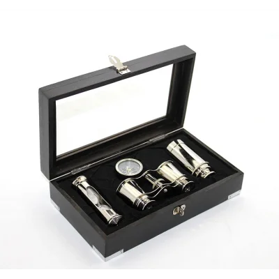 BUĞZ Ahşap Kutulu Pirinç Dürbün Pusula Ve Kum Saati Seti