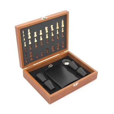  Ahşap Kutulu Satrançlı Matara Seti 8 oz Siyah Renk