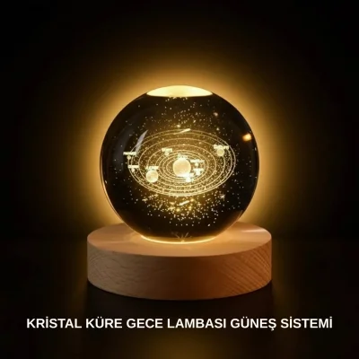 BUĞZ Ahşap Standlı LED Kristal Küre Lazer İşlemeli Dekoratif Obje