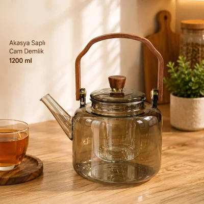 BUĞZ Akasya Saplı Demlik - 1200 ml - Borosilikat Cam