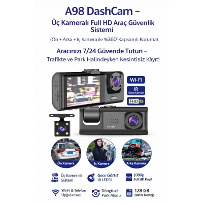 BUĞZ Akıllı Full HD 3 Kameralı Araç İçi Güvenlik Kamerası Ön-Arka-İç Kayıt, Park Modu