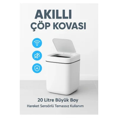 BUĞZ Akıllı Otomatik Kapaklı 20 Litre Çöp Kutusu Hareket Sensörlü Hijyenik Sessiz Ev Ofis