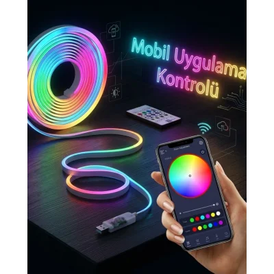 BUĞZ Akıllı RGB LED Neon Şerit Işık 3M USB Bağlantılı Uzaktan Kumanda ve Mobil Uygulama Kontrolü