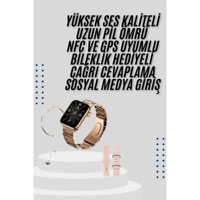 BUĞZ Akıllı Saat 3 Kordonlu Ve Aksesuarlı Bayanlar Için Şık Rose renk - BUĞZ