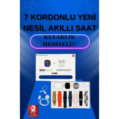 BUĞZ Akıllı Saat 7 Kordonlu Kulaklık Hediyeli Nabız Ölçer Uyku Takibi Sesli Görüşme