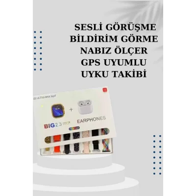 BUĞZ Akıllı Saat 7 Kordonlu Kulaklık Hediyeli Nabız Ölçer Uyku Takibi Sesli Görüşme - BUĞZ
