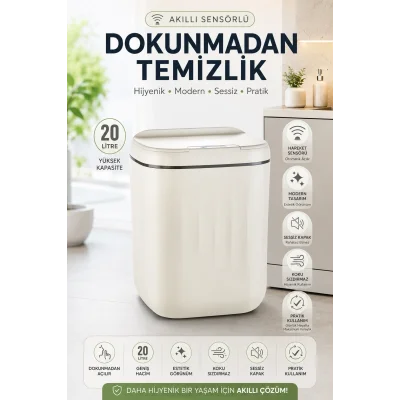 BUĞZ Akıllı Sensörlü 20 Litre Çöp Kovası Sessiz Kapaklı Modern Hijyenik Ev Tipi Çöp Kutusu