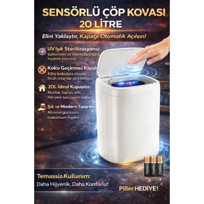 BUĞZ Akıllı Sensörlü UV Işıklı 20 Litre Çöp Kovası - Mutfak, Banyo, İşyeri ve Ofis Kullanımı