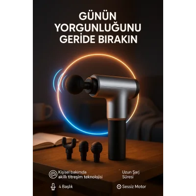 BUĞZ Akıllı Titreşim Teknolojili Masaj Tabancası – 4 Başlıklı Sessiz Motorlu Kas Gerginliği Giderici