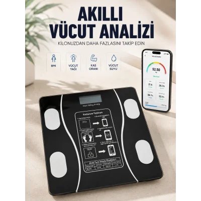 BUĞZ Akıllı Vücut Analiz Baskülü Bluetooth Bağlantılı 4 Sensörlü LCD Ekranlı Dijital Tartı