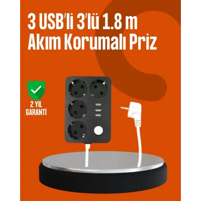  Akım Korumalı 3 USB Portlu 4’lü Priz 4.1A Hızlı Şarj