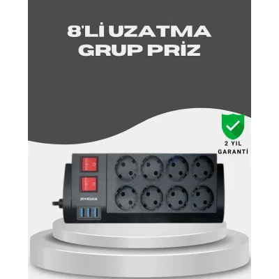 BUĞZ Akım Korumalı 8’li Priz 3 USB’li Uzatma Kablosu Isıya Dayanıklı 2 Metre