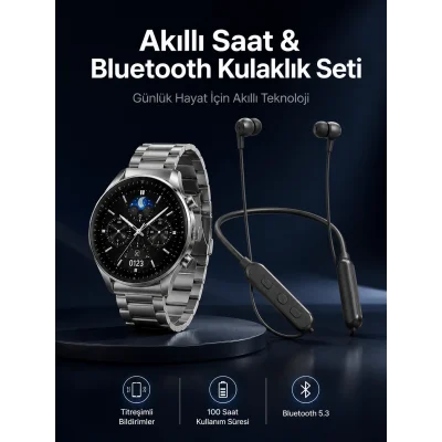 BUĞZ Alarm ve Titreşim Özellikli Akıllı Saat ve Mikrofonlu Kablolu Bluetooth Kulaklık 60 Saat
