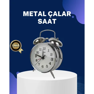 BUĞZ Alarmlı Dekoratif Yuvarlak Masa Saati Gümüş Renk Sessiz ve Işıklı