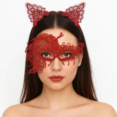  Alevin Zarafeti Kırmızı Dantel Maske ve Taç Seti 4 No – Kadın Kostüm Tamamlayıcı