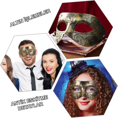  Altın Eskitme Yüz Maskesi - Antik Tarz Balo Maskesi