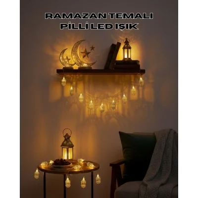 BUĞZ Altın Fener Detaylı Pilli Ramazan LED Işık Ev Dekorasyonu