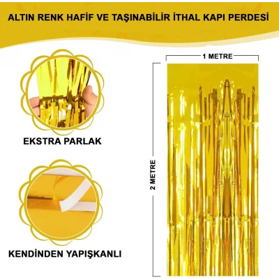  Altın Gold Renk Ekstra Metalize Parlak Saçaklı Arka Fon Perde İthal A Kalite 1x2 Metre
