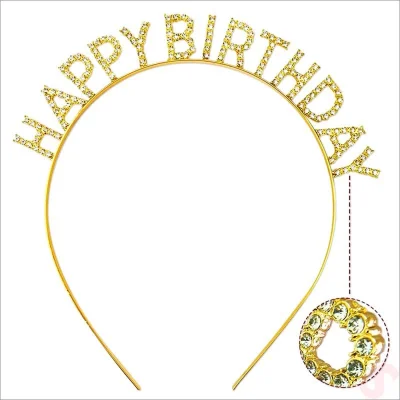 BUĞZ Altın Gold Renk Kristal Taşlı Parlak Happy Birthday Taç 16x17 Cm