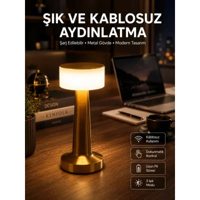 BUĞZ Altın Rengi Masa ve Gece Lambası Dokunmatik Şarjlı Masa Lambası