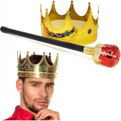 BUĞZ Altın Renk 60 Cm Kral Tacı Kraliyet Tacı Ve Kırmızı Topuzlu Kral Asası Seti