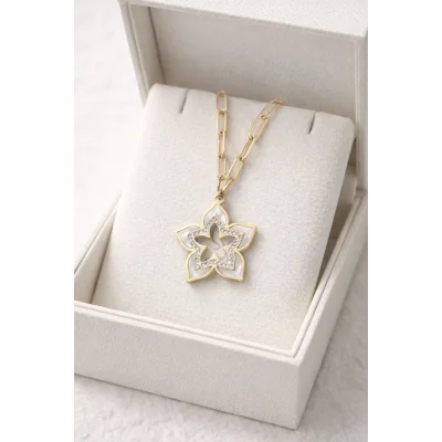 BUĞZ Altın Renk Çelik Yıldız Kolye MODEL 16 – Zirkon Taşlı, Kararma Yapmaz, Şık ve Günlük Kullanıma Uygun Kadın Kolyesi