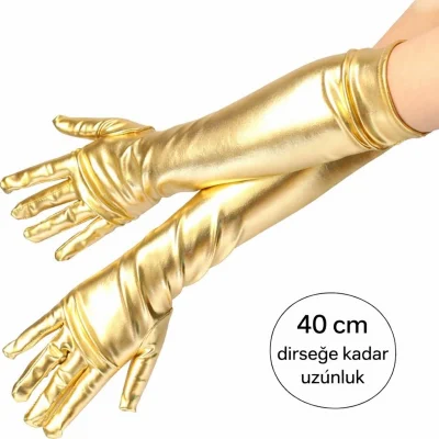 BUĞZ Altın Renk Dirsek Altı Lüks Saten Eldiven 40 cm