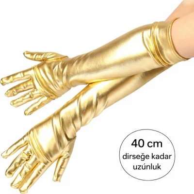 BUĞZ Altın Renk Dirsek Altı Lüks Saten Eldiven 40 Cm