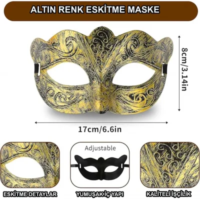 BUĞZ Altın Renk Eskitme Maskeli Balo Maskesi – Venedik Tarzı Parti Maskesi