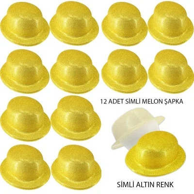 BUĞZ Altın Renk Simli Melon Yuvarlak Parti Şapkası 12 Adet