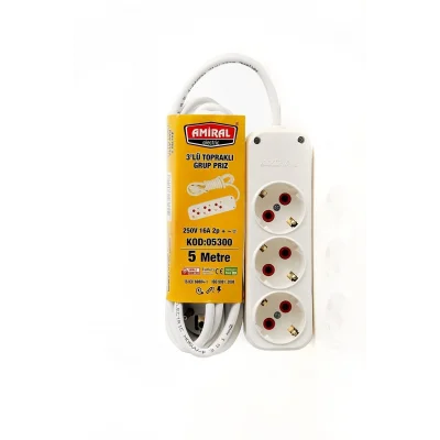 BUĞZ Amiral 3 Lü Topraklı 5 Metre Kablolu Grup Priz
