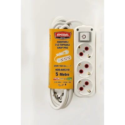 BUĞZ Amiral 3 Lü Topraklı Anahtarlı 5 Metre Kablolu Grup Priz