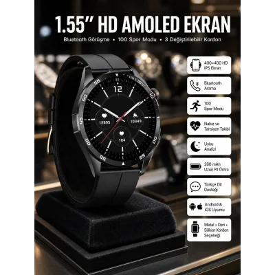BUĞZ Amoled Ekran 3 Kordonlu Akıllı Saat 5.0 Bluetooth Bağlantılı Android ve İOS Uyumlu