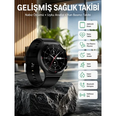 BUĞZ Amoled Ekran Metal Deri Silikon Kordonlu Uyku ve Sağlık Takibi