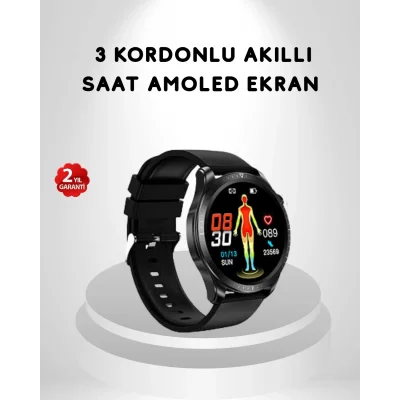 BUĞZ AMOLED Ekranlı Akıllı Saat – 3 Kordon Seçenekli, Suya Dayanıklı, Kalp Atış ve Uyku Takip Özellikli