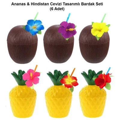BUĞZ Ananas  Hindistan Cevizi Tasarımlı Pipetli Bardak Seti (6 Adet)