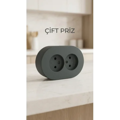 BUĞZ Antrasit Renk Sıva Üstü Çift Topraklı Priz Modern Tasarım