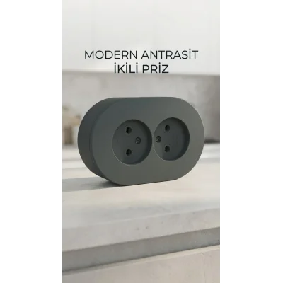 BUĞZ Antrasit Renkli Sıva Üstü İkili Topraklı Priz, Çiftli Elektrik Bağlantısı