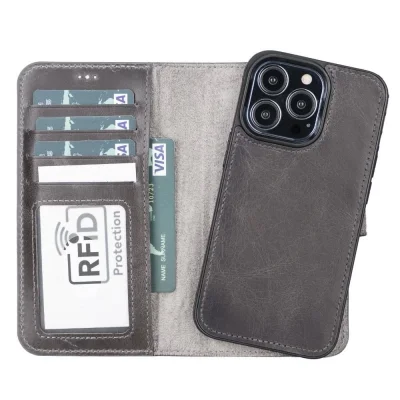  Apple iPhone 13 Pro Uyumlu Deri Cüzdanlı Kılıf MWWN TN1 Gri