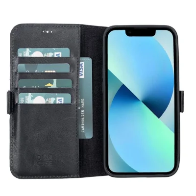  Apple iPhone 13 Uyumlu Deri Cüzdanlı Kılıf Rustik Siyah