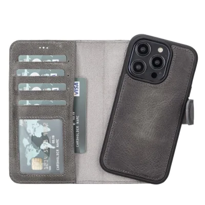  Apple iPhone 14 Pro Uyumlu Deri Cüzdanlı Kılıf MWWN VS4EF Gri