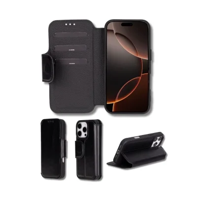  Apple iPhone 16 Pro Max uyumlu, Hakiki Deri, El Yapımı, Cüzdanlı Kılıf, Parlak Siyah