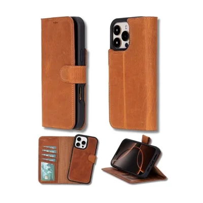  Apple iPhone 16 Pro uyumlu, Hakiki Deri, El Yapımı, Cüzdanlı Kılıf, Karamel