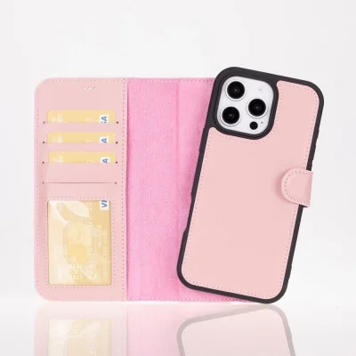  Apple iPhone 16 Pro uyumlu, Hakiki Deri, El Yapımı, Cüzdanlı Kılıf, Toz Pembe