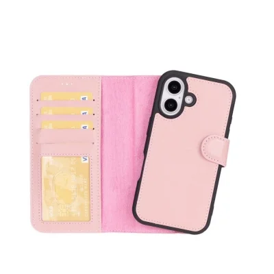  Apple iPhone 16 uyumlu, Hakiki Deri, El Yapımı, Cüzdanlı Kılıf, Toz Pembe