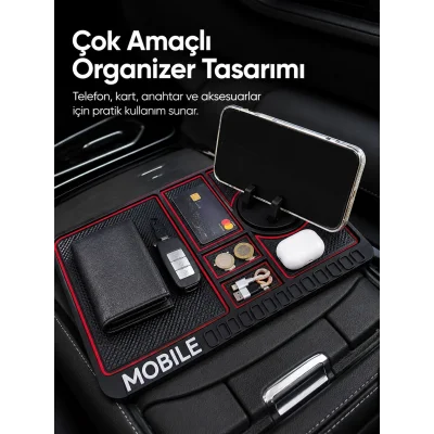 BUĞZ Araç İçi Kaydırmaz Organizer Mat Telefon Standlı Çok Amaçlı Konsol Düzenleyici